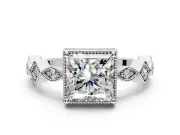 Milgrain Bezel Engagement Ring Setting for Princess Cut Center with Marquise Stations and Bezel Head in Sterling Silver