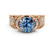 Pave Engagement Ring Setting for Fancy Blue Round Cut Center with Curved Accent Rows, Openwork and Prong Head in Rose Gold