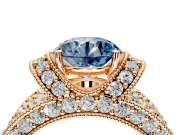 Pave Engagement Ring Setting for Fancy Blue Round Cut Center with Curved Accent Rows, Openwork and Prong Head in Rose Gold