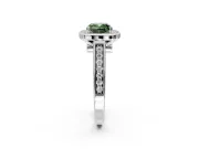 Halo Engagement Ring Setting for Fancy Green Cushion Cut Center with Outer Bezel Rim, Pave Band and Prong Head in White Gold