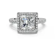 Halo Engagement Ring Setting for Princess Cut Center with Inner Milgrain Border and Prong Head in Platinum