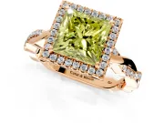 Halo Engagement Ring Setting for Fancy Yellow Princess Cut Center with Pave and Plain Twist Band and Prong Head in Rose Gold