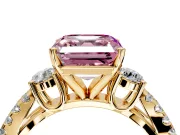 3 Stone Engagement Ring Setting for Fancy Pink Asscher Cut Center with Pave Split Shank and Prong Head in Yellow Gold