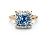 Starburst Halo Engagement Ring Setting for Fancy Blue Princess Cut Center with Thin Round-Wire Band and Prong Head in Yellow Gold