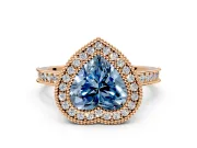 Halo Engagement Ring Setting for Fancy Blue Heart-Shaped Center with Milgrain Pave Band and Bezel Head in Rose Gold