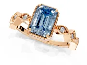 Milgrain Bezel Engagement Ring Setting for Fancy Blue Emerald Cut Center with Marquise Stations and Bezel Head in Rose Gold