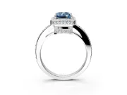 Halo Engagement Ring Setting for Fancy Blue Emerald Cut Center with Metal-Rimmed Halo, Pave Band and Prong Head in Platinum