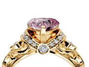 Solitaire Engagement Ring Setting for Fancy Pink Heart-Shaped Center with Filigree Band and Prong Head in Yellow Gold