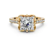 Floral Engagement Ring Setting for Cushion Cut Center with Pave Band and Floral Prong Head in Yellow Gold