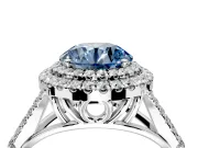 Double Halo Engagement Ring Setting for Fancy Blue Round Cut Center with Narrow Pave Split Shank and Prong Head in Platinum