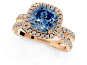 Halo Engagement Ring Setting for Fancy Blue Cushion Cut Center with Double Pave Split Shank and Prong Head in Rose Gold