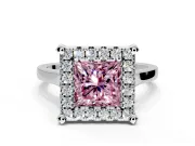 Single Halo Engagement Ring Setting for Fancy Pink Princess Cut Center with Corner Claws, Plain Band and Prong Head in Platinum