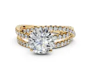 Solitaire Engagement Ring Setting for Round Cut Center with Woven 3-Strand Pave Band and Prong Head in Yellow Gold