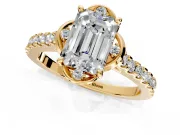 Floral Engagement Ring Setting for Emerald Cut Center with Pave Band and Floral Prong Head in Yellow Gold