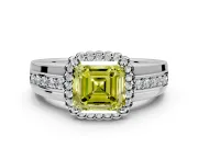 Halo Engagement Ring Setting for Fancy Yellow Asscher Cut Center with Wide Band, Inlaid Accent Row and Prong Head in White Gold