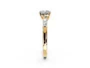 3 Stone Engagement Ring Setting for Cushion Cut Center with Tapered Baguettes, Plain Band and Prong Head in Yellow Gold