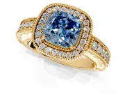 Milgrain Halo Engagement Ring Setting for Fancy Blue Cushion Cut Center with Pave Band and Prong Head in Yellow Gold