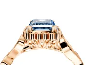 Halo Engagement Ring Setting for Fancy Blue Emerald Cut Center with Leaf Motif Split Shank and Prong Head in Rose Gold