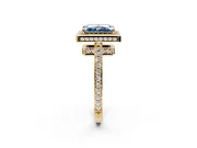 Halo Engagement Ring Setting for Fancy Blue Radiant Cut Center with Metal-Rimmed Halo, Pave Band and Prong Head in Yellow Gold