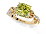 Leaf Motif Engagement Ring Setting for Fancy Yellow Cushion Cut Center with Pave Band and Prong Head in Yellow Gold