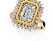 Halo Engagement Ring Setting for Emerald Cut Center with Milgrain Bezel Rim, Plain Band and Prong Head in Yellow Gold