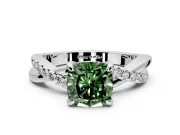 Solitaire Engagement Ring Setting for Fancy Green Cushion Cut Center with Half-Pave Crossover Band and Prong Head in Sterling Silver
