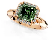 Halo Engagement Ring Setting for Fancy Green Asscher Cut Center with Tapered Plain Band and Prong Head in Rose Gold