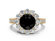 Halo Engagement Ring Setting for Fancy Black Round Cut Center with Milgrain Channel Band and Prong Head in Yellow Gold