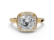 Halo Engagement Ring Setting for Cushion Cut Center with Plain Tapered Band and Prong Head in Yellow Gold