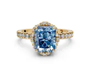 Halo Engagement Ring Setting for Fancy Blue Radiant Cut Center with Openwork Halo, Pave Band and Prong Head in Yellow Gold
