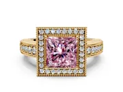 Milgrain Halo Engagement Ring Setting for Fancy Pink Princess Cut Center with Pave Band and Prong Head in Yellow Gold