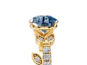 Leaf Motif Engagement Ring Setting for Fancy Blue Round Cut Center with Pave Band and Prong Head in Yellow Gold
