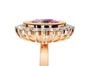 Halo Engagement Ring Setting for Fancy Pink Oval Center with Milgrain Bezel Rim, Plain Band and Prong Head in Rose Gold