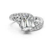 Solitaire Engagement Ring Setting for Emerald Cut Center with Pave Bypass Twist Band and Prong Head in White Gold