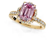 Halo Engagement Ring Setting for Fancy Pink Emerald Cut Center with Openwork Halo, Pave Band and Prong Head in Yellow Gold