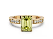 Solitaire Engagement Ring Setting for Fancy Yellow Emerald Cut Center with Milgrain-Edged Pave Band and Prong Head in Yellow Gold