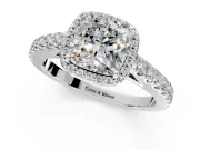 Halo Engagement Ring Setting for Cushion Cut Center with Full Pave Band and Prong Head in White Gold