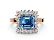 Starburst Halo Engagement Ring Setting for Fancy Blue Asscher Cut Center with Flat Cathedral Band and Prong Head in Rose Gold