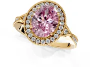 Halo Engagement Ring Setting for Fancy Pink Oval Center with Milgrain Rim, Pave Band and Prong Head in Yellow Gold