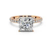 Hidden Halo Engagement Ring Setting for Princess Cut Center with Pave Band and Prong Head in Rose Gold