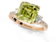 3 Stone Engagement Ring Setting for Fancy Yellow Asscher Cut Center with Round Cut Side Accents and Prong Head in Rose Gold