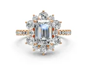 Floral Halo Engagement Ring Setting for Emerald Cut Center with Pave Accents and Prong Head in Rose Gold