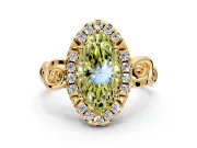 Halo Engagement Ring Setting for Fancy Yellow Marquise Center with Open Scroll Shoulders and Prong Head in Yellow Gold