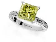 Solitaire Engagement Ring Setting for Fancy Yellow Princess Cut Center with Scrollwork Band and Prong Head in White Gold