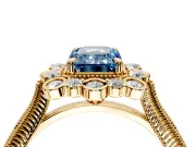 Milgrain Halo Engagement Ring Setting for Fancy Blue Emerald Cut Center with Bezel Point Accents and Prong Head in Yellow Gold
