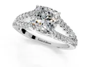 Solitaire Engagement Ring Setting for Cushion Cut Center with Pave Split Shank and Prong Head in Platinum