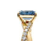 Crossover Engagement Ring Setting for Fancy Blue Emerald Cut Center with Pave and Plain Strands and Prong Head in Yellow Gold