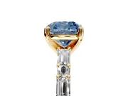 Baguette Engagement Ring Setting for Fancy Blue Cushion Cut Center with Alternating Bar-Set Band and Prong Head in Yellow Gold