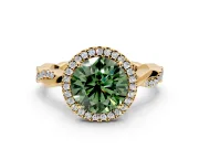 Halo Engagement Ring Setting for Fancy Green Round Cut Center with Pave and Plain Twist Band and Prong Head in Yellow Gold