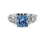 Leaf Motif Engagement Ring Setting for Fancy Blue Cushion Cut Center with Pave Band and Prong Head in Sterling Silver